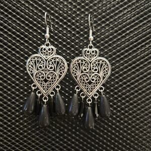 Antique silver heart and black glass and stone chandelier earrings